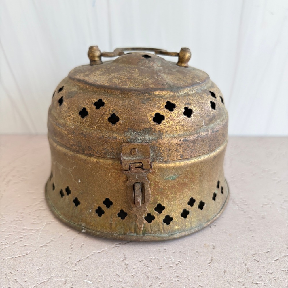 Vintage Brass Cricket Cage Incense Burner Clover Cutout Domed Box with Handle